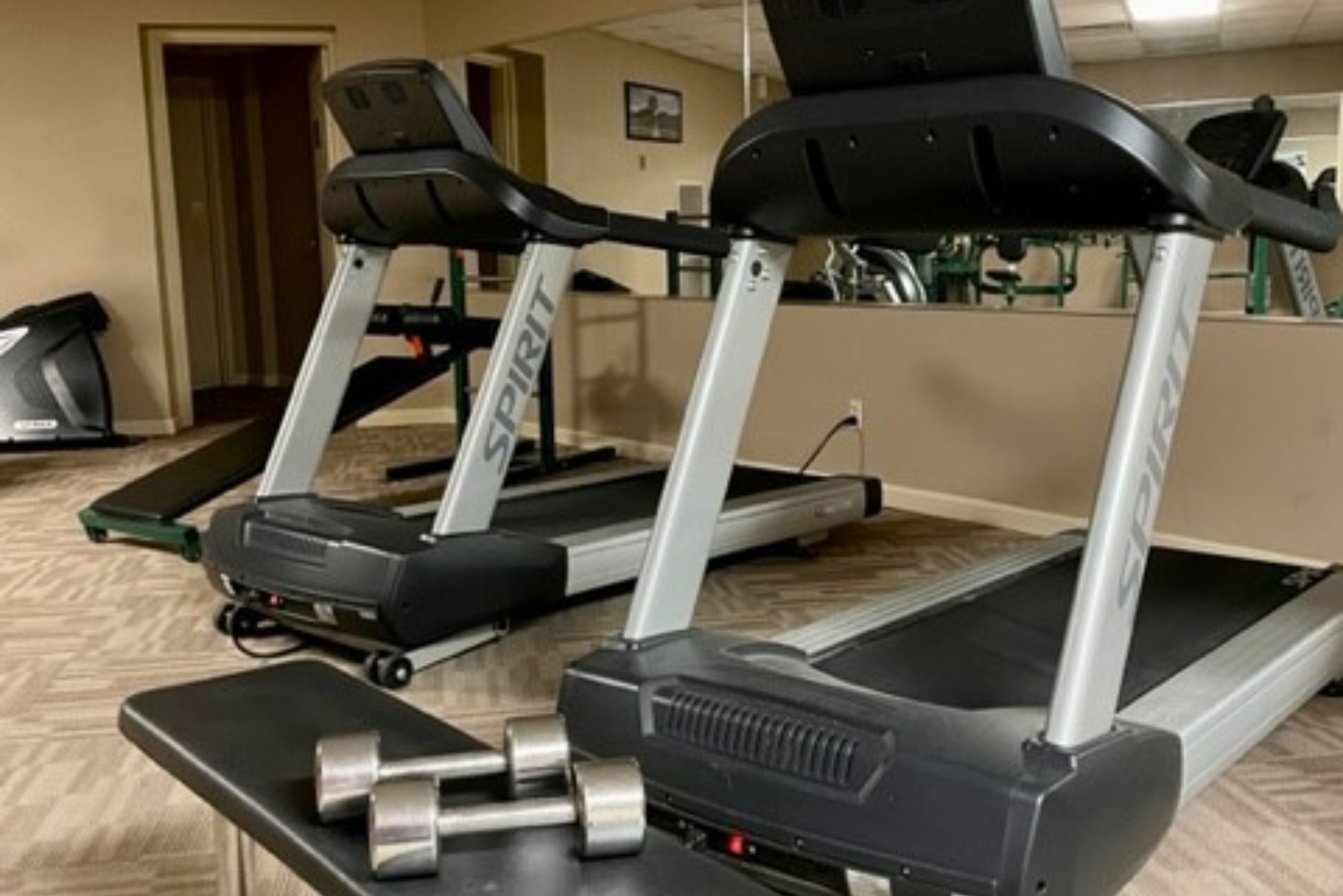 Fitness room photo showing treadmills and weights